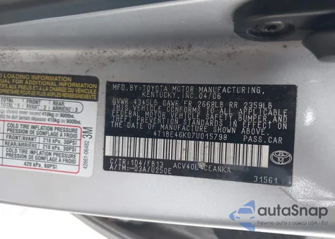 2007 Toyota Camry Le from USA, damaged, VIN 4T1BE46K07U015798
